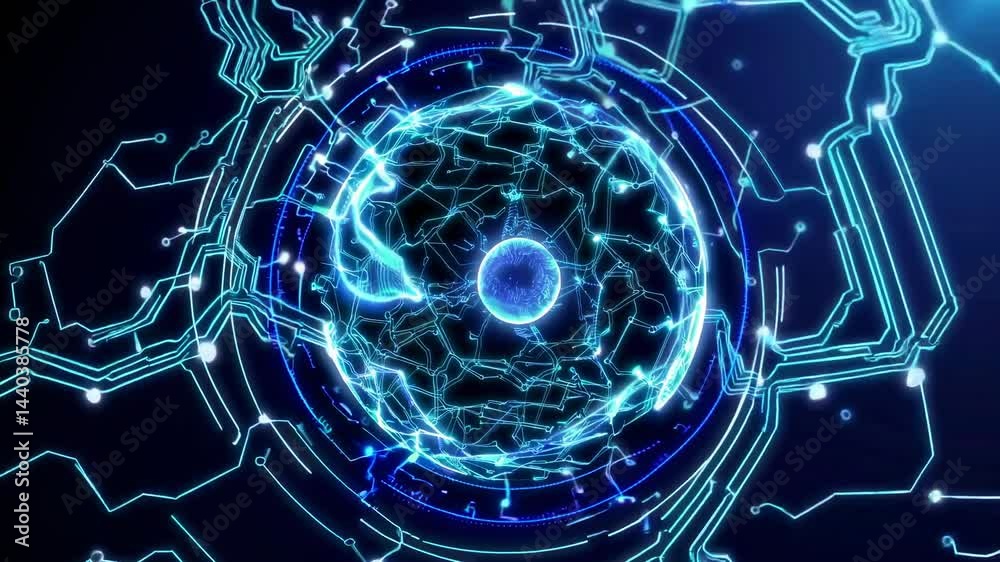 Poster complex network of circuits powering a futuristic glowing sphere, symbolizing advanced technology, a