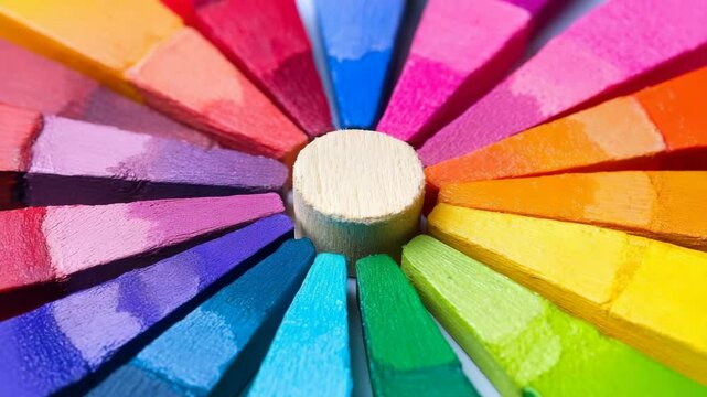 Colorful arrangement of wooden crayons creating a vibrant circular display on a white background