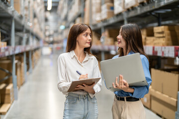Female engineers team discussing inventory in warehouse logistics and supply chain planning, operation management, data analysis, warehouse shipping, inventory tracking, optimization and technology