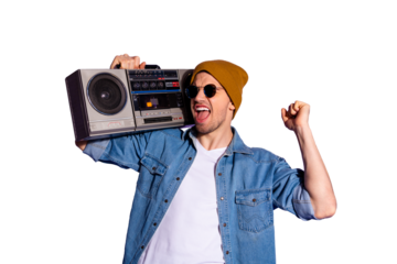 Photo of stylish trendy cheerful ecstatic shouting music lover dancing with loud bass holding recorder with hands isolated over purple vivid color background