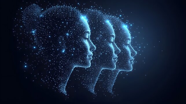 Three interconnected faces glow with a soft blue light, merging in profile. The glowing figures represent unity against a dark background. Abstract wireframe in dark blue