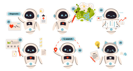 Set of vector stickers with cute AI robot helping people in medical diagnostics, information search, idea generation, text creation, data analysis, and image generation. Flat vector illustration
