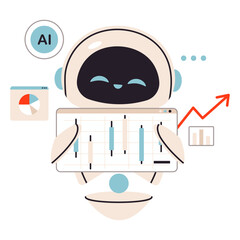 A smiling AI robot analyzes data, builds graphs, and supports business decision-making with advanced analytics. Flat vector illustration.