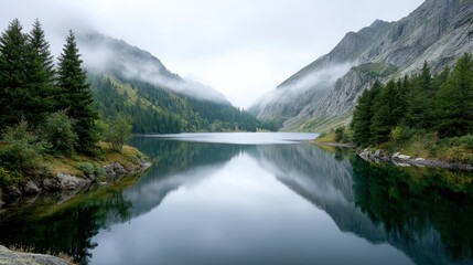 A calm mountain lake reflects pine trees and misty slopes under a cloudy sky.