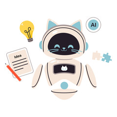 A charming AI robot with cat ears generates ideas, helps solve problems, and creates creative concepts. Flat vector illustration