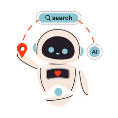 A smart AI robot helps locate information and navigate using search and geolocation capabilities. Flat vector illustration
