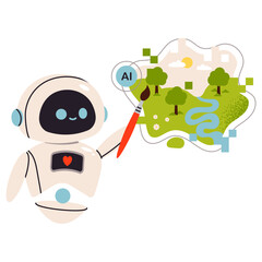A friendly AI robot with a paintbrush creates beautiful illustrations and maps through creative image generation. Flat vector illustration.