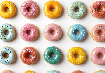 Colorful Assorted Donuts in Various Flavors on White Background for Fun and Vibrant Food Photography