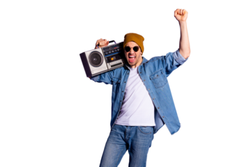 Photo of cheerful ecstatic screaming shouting lucky guy holding retro recorder he just won bought during sales isolated over purple violet vibrant color background