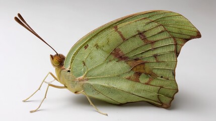 Naklejka premium Pale Green Butterfly with Distinctive Wing Markings, Close-Up Profile View