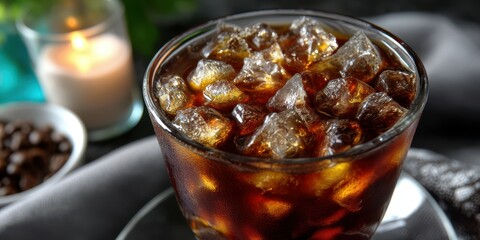Refreshing iced coffee served with ice cubes and surrounded by candlelight in a cozy setting