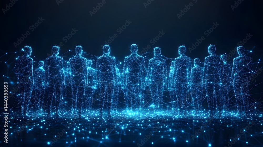Poster futuristic illustration of interconnected human figures glowing in blue, standing in a virtual space