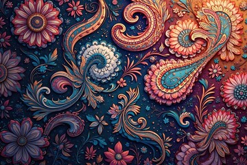 Fluid paisley motif, continuous elegant design, rich detail, swirl, fabric, continuous