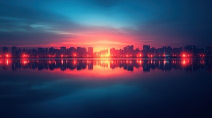 Fototapeta premium Cityscape Sunset Reflection: A Breathtaking Urban Panorama
