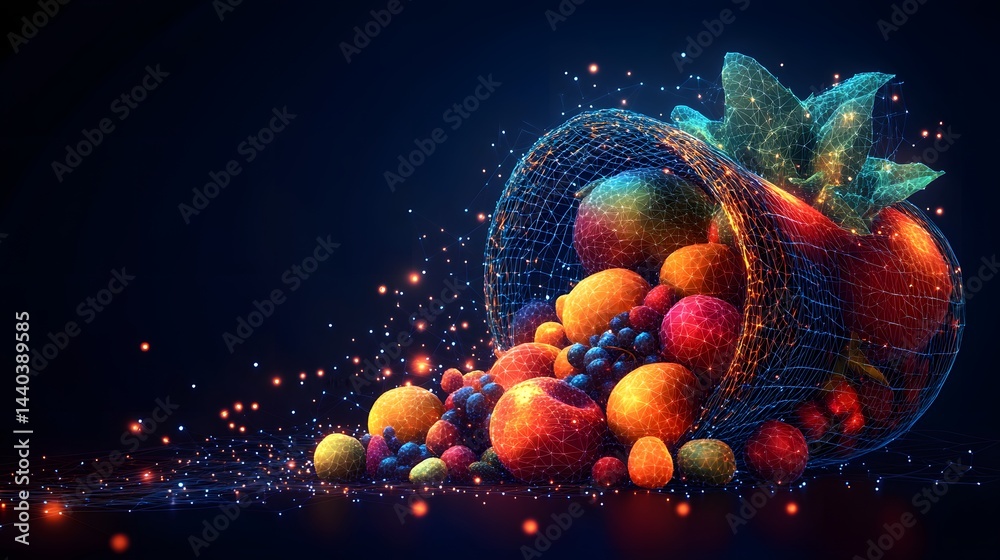 Poster a futuristic wireframe basket overflowing with colorful, glowing fruits against a dark backdrop crea