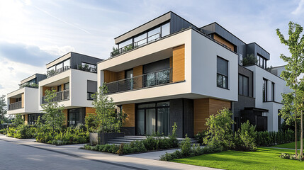Modern duplex buildings with clean facades and lush greenery create serene atmosphere
