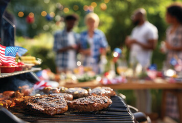 4th of July barbecue scene with group of friends or family enjoying the food and company outdoors, celebrating Independence day