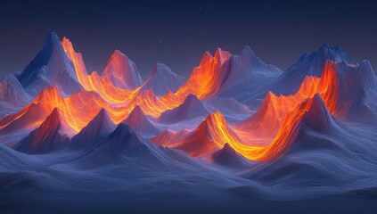Glowing lava flows illuminate surreal, snow-covered peaks under a twilight sky