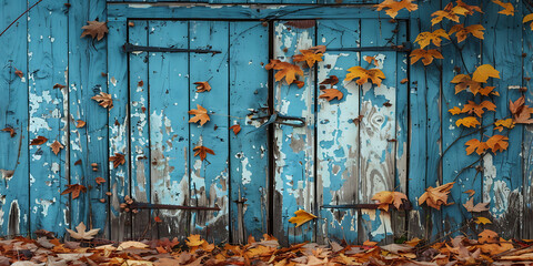 Weathered blue wooden doors adorned with orange autumn leaves set against rustic background