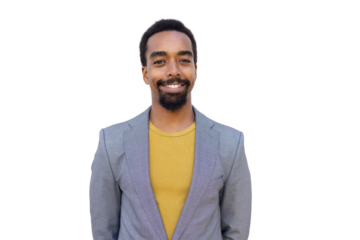 Cheerful businessman smiling confidently, standing against transparent backdrop
