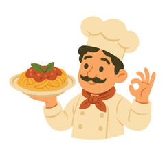 Cheerful Italian chef holding delicious pasta plate, isolated on white background, flat vector style.