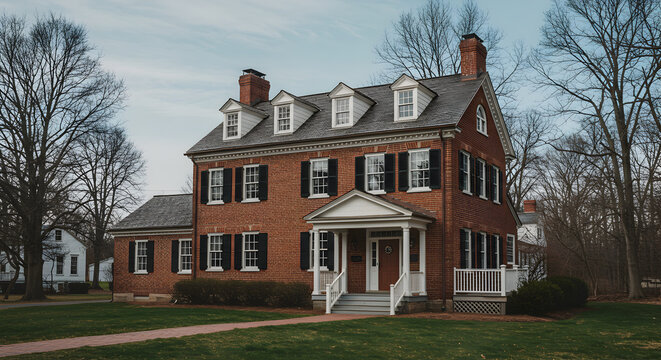 Historic Brick Mansion With Dormers Against a Gloomy Sky Backdrop