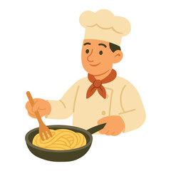Smiling cartoon chef stirring pasta in frying pan, isolated on white background, flat vector style.