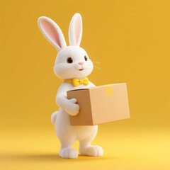 Obraz premium White rabbit, yellow bow tie, holding cardboard box
