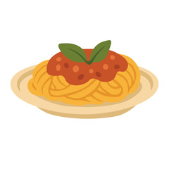 Delicious cartoon plate of spaghetti with tomato sauce and basil, isolated, flat vector food style.