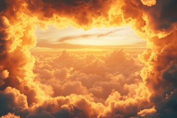 A view of golden clouds with a bright opening in the center during a vibrant sunset scene