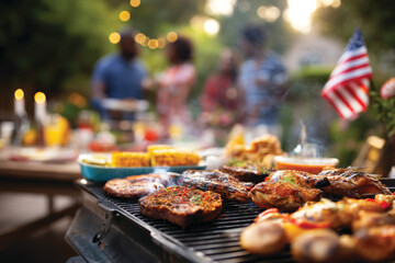 4th of July barbecue scene with group of friends or family enjoying the food and company outdoors, celebrating Independence day 