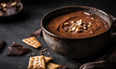 sweet chocolate dip or sauce in ceramic bowl, and crispy chips and nuts, snack or dessert for party, AI generated photo