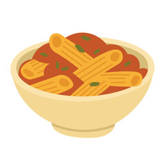 Tasty cartoon bowl of penne pasta with tomato sauce and basil, isolated, flat vector food style.