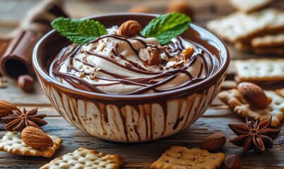 sweet chocolate dip or sauce in ceramic bowl, and crispy chips and nuts, snack or dessert for party, AI generated photo