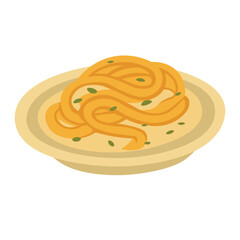 Tasty cartoon plate of spaghetti aglio e olio with herbs, isolated, flat vector food style.