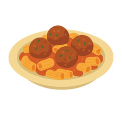 Tasty cartoon plate of pasta with meatballs and tomato sauce, isolated, flat vector food style.