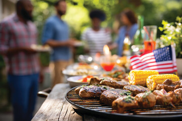 4th of July barbecue scene with group of friends or family enjoying the food and company outdoors, celebrating Independence day	
