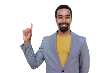 Confident startup founder gesturing upward, smiling against transparent backdrop