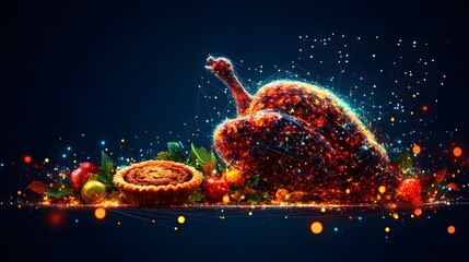 Futuristic Thanksgiving feast! A digital turkey glows amidst pies and fruit in a modern, tech-infused celebration. Perfect for holiday promotions. Abstract wireframe in dark blue.