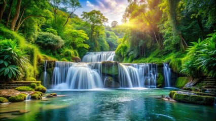 Fototapeta premium Double Waterfall Lush Landscape Photography, Tranquil River Scene, Nature Wallpaper, Serene Waterfall Background