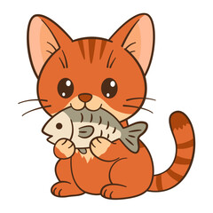 Cute ginger tabby kitten eats fish. Flat style Chibi cat. Hand Drawn clean, simple design. Perfect for children’s content, greeting cards, stickers, tshirts, mug and posters. Vector illustration 