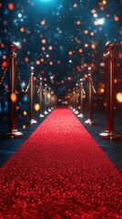 Elegant red carpet leading to a glamorous event with sparkling lights and polished barriers in a festive atmosphere