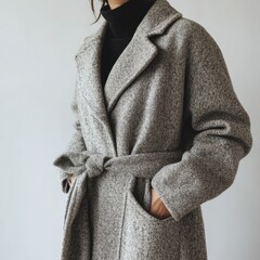 Woman wearing grey belted wool coat with hands in pockets and turtleneck underneath