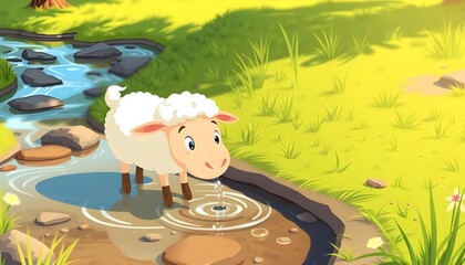 Adorable Cartoon Lamb Drinking Water from a Stream in Sunny Meadow