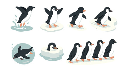 Obraz premium Penguin activity icons set – swimming, jumping, waddling, huddling, ice, splash, playful, cute