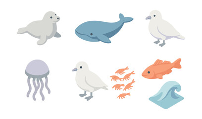Fototapeta premium Marine life icons set – seal, whale, gull, wave, jellyfish, fish, ocean