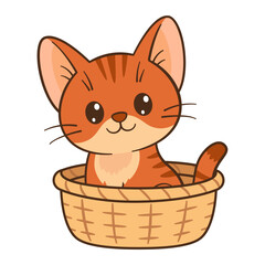 Red the cat is sitting in a basket. Cute ginger tabby kitten. Flat style Chibi cat clean, simple design Perfect for children’s content, greeting cards, stickers, tshirts, mug and posters illustration