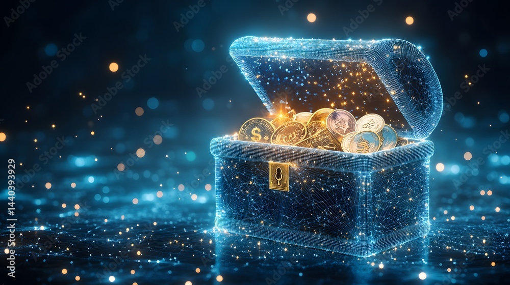 Poster futuristic treasure chest overflowing with digital coins. a holographic projection showcases diverse