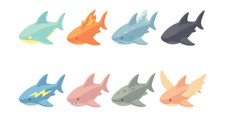 Shark icons set – aquatic, predator, sea, cartoon, marine, fish, colorful, diverse, unique, ocean