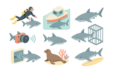 Marine exploration icons set – diver, sharks, boat, cage, camera, seal, coral